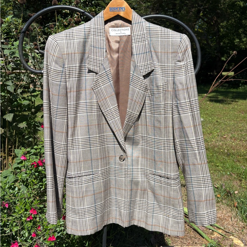 Vintage 90s Michelle Stuart Brown and Blue Plaid Blazer jacket